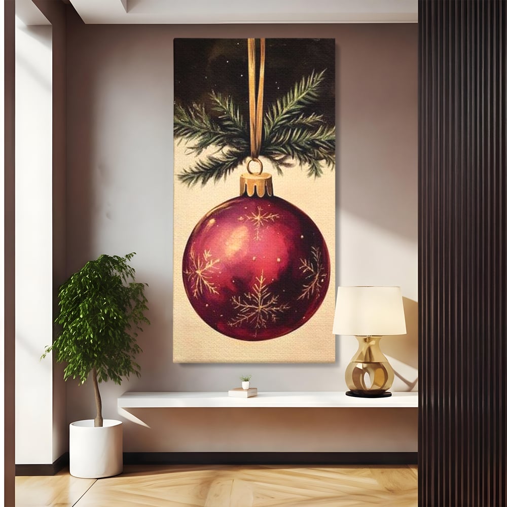 Tablou canvas cu tablou canvas cu glob de craciun visiniu, fara rama, pe sasiu de lemn